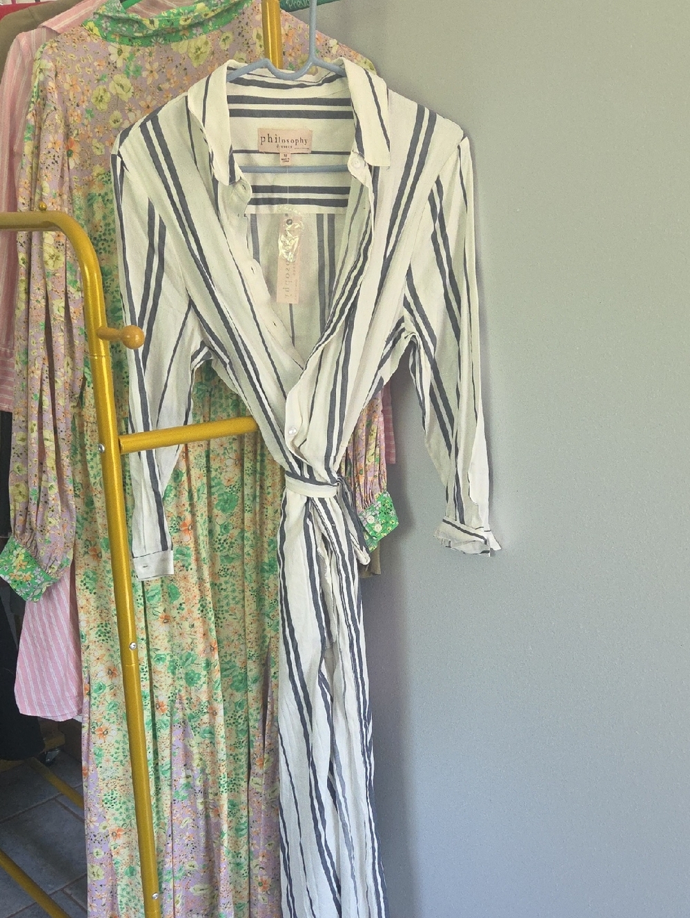 Philosophy White Dress with Navy Vertical Stripes